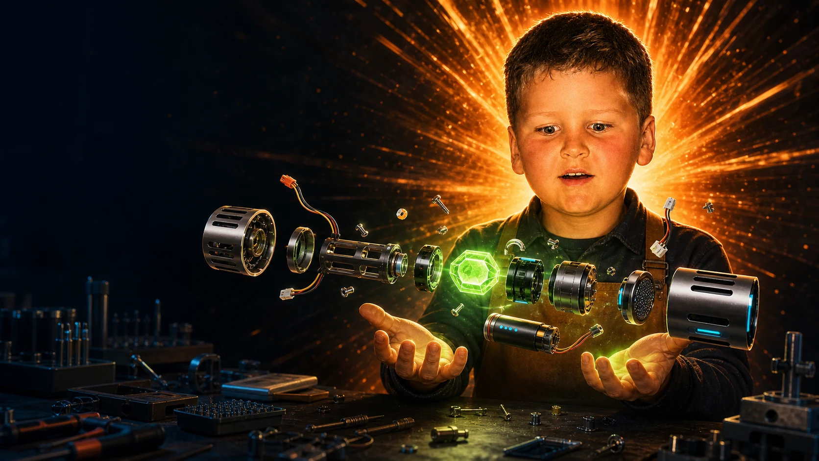 A young maker watching the parts of an illuminated saber assemble above a workbench